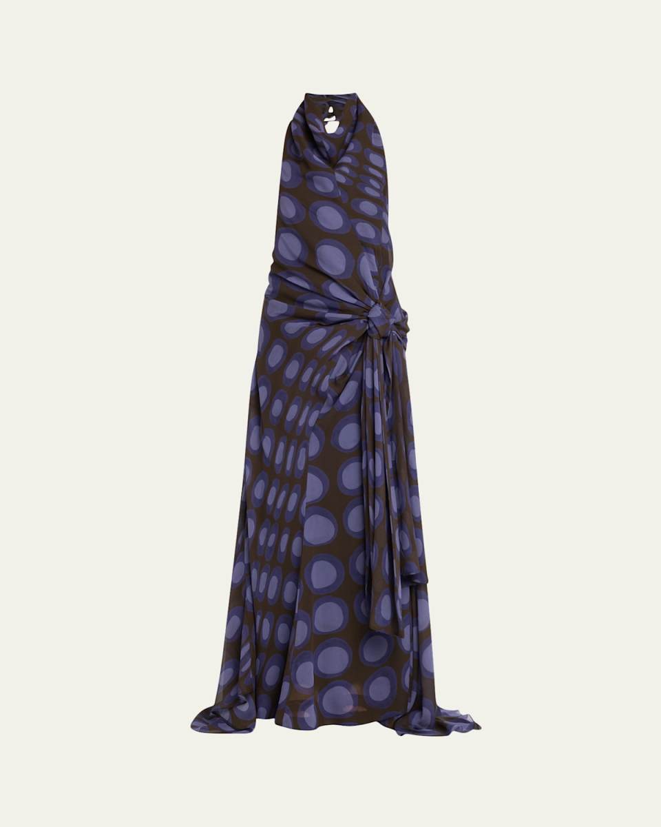 Halter Wiggle Dot Sarong Silk Maxi Dress